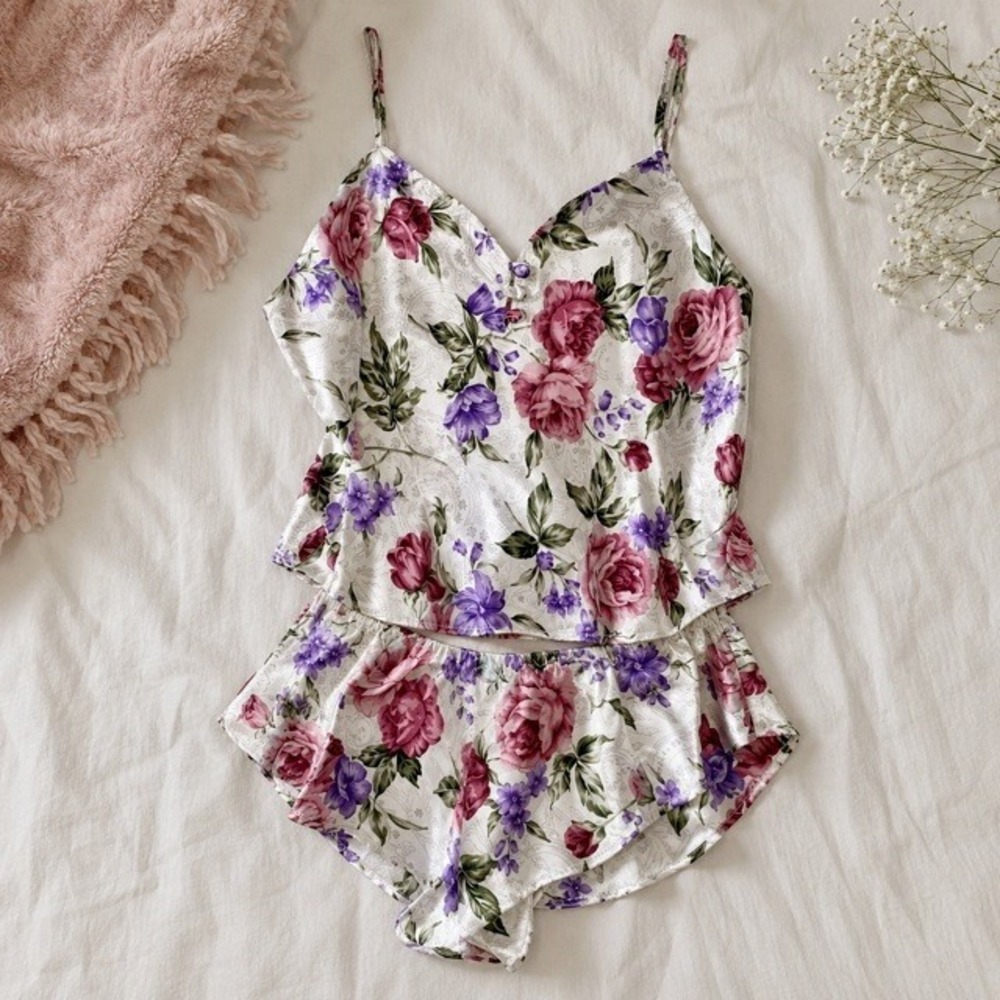 Vintage Cacique Floral Satin Cami Shorts Pajama Set Women's M‎ Y2K